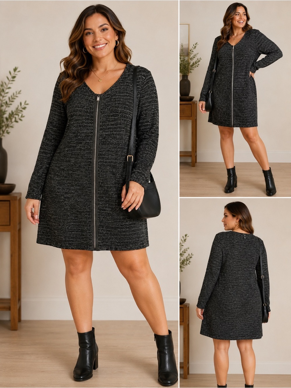 Talbots Black Charcoal V-Neck Zip-Front Long Sleeve Dress